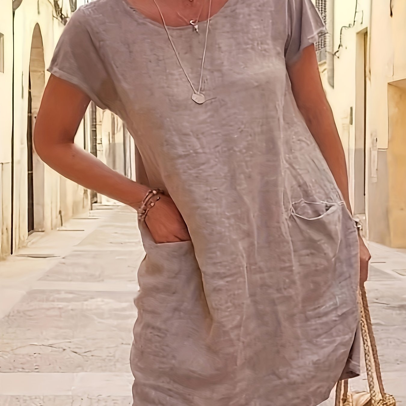Women' Grey Vacation Dress - A-line Beach Dress With Side Pocket, Machine Washable Non-stretch Fabric For Travel, Casual & Everyday Summer Wear - Elegant Women's Outfit