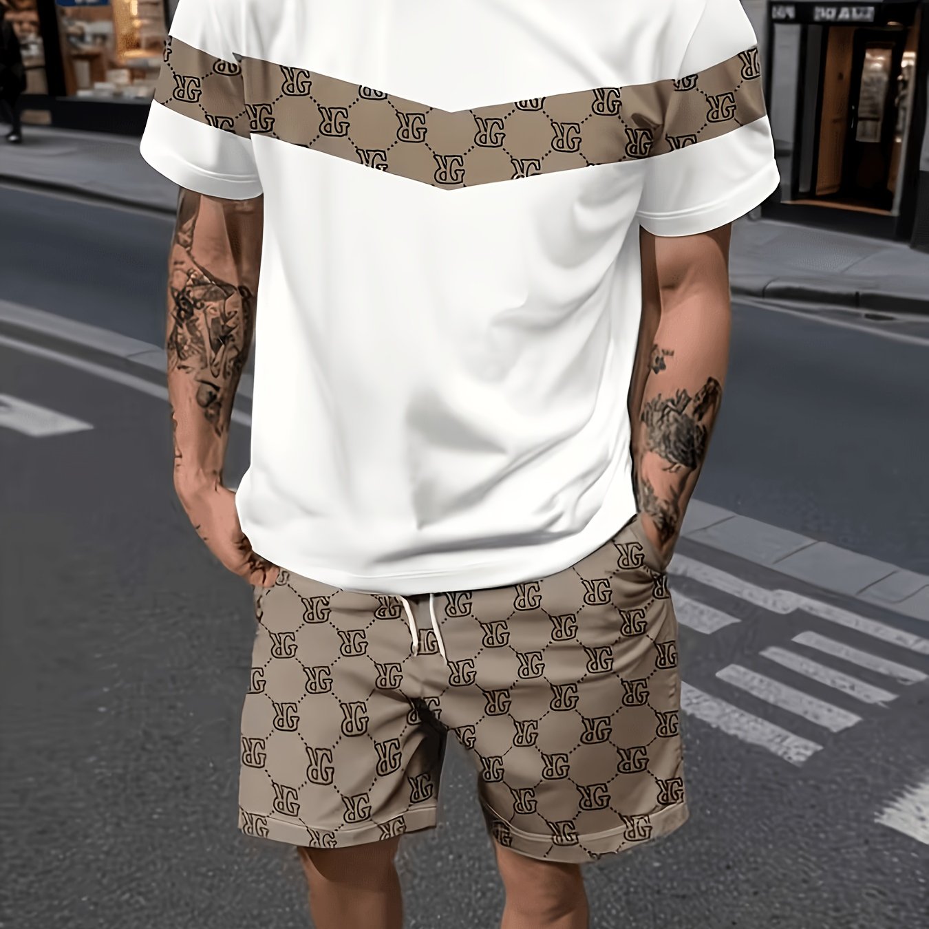 TEMU New Casual Men's Short Sleeve + Drawstring Pocket Summer Sports Set, Breathable And Soft For Outdoor Activities Gatherings