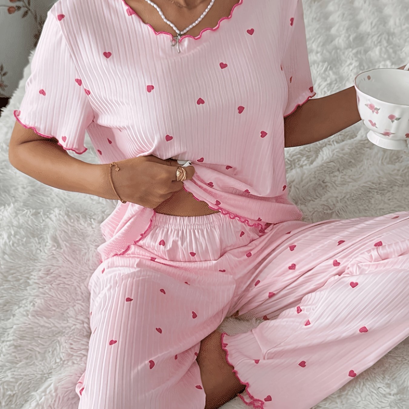 TEMU 2026 's Day Fall Winter Women's 2pcs Pajama Set, Pink Tone Rib Crew Neck Long Sleeve T-shirt With Heart Print, Soft Comfy Heart Printed Lounge