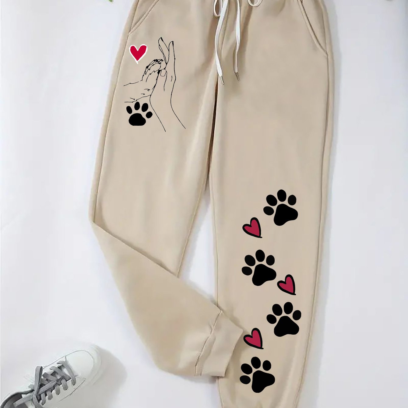 TEMU Plus Size - Plus Size - Plus Size Women's Paw Print Heart Patterned Casual Elastic Waist Joggers - Comfortable Loose Fit, Machine Washable With