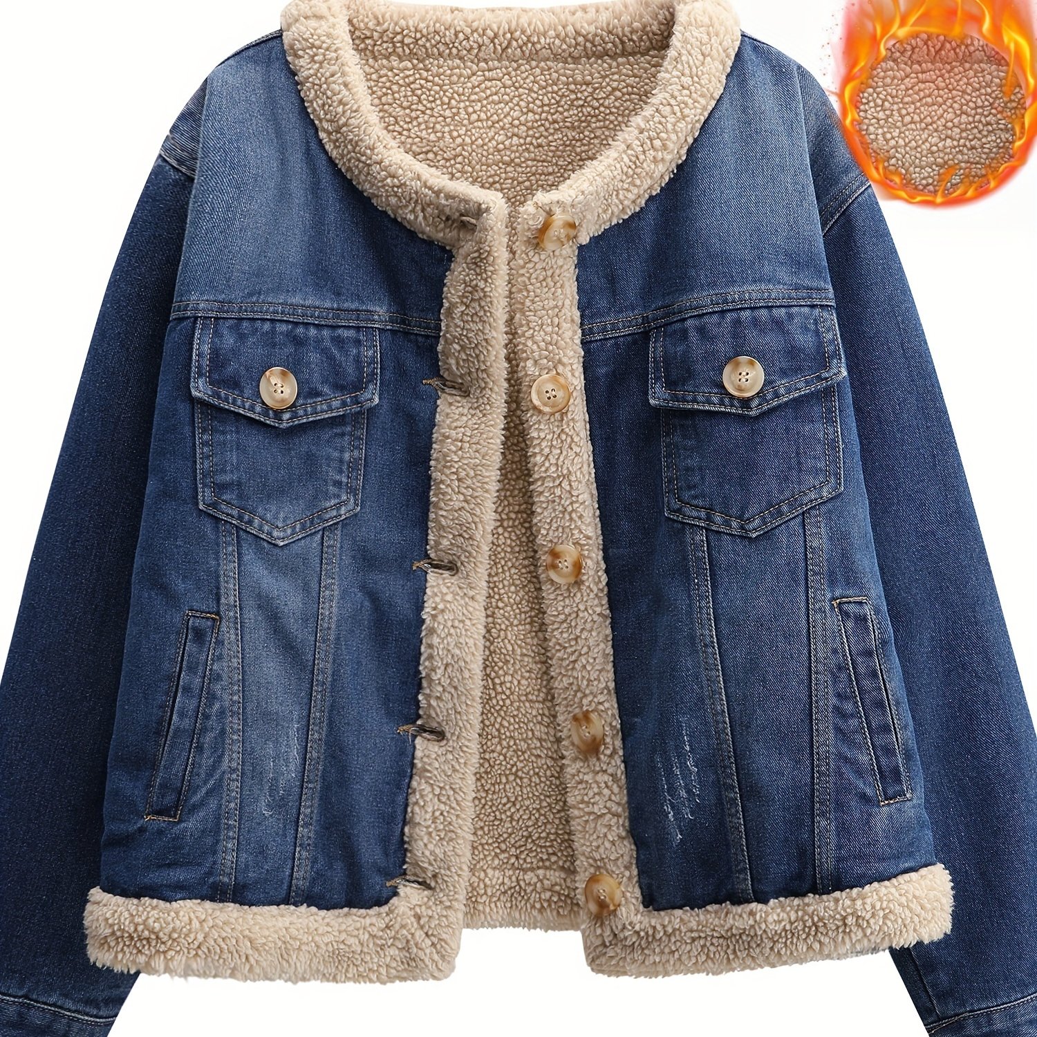 Veste en jean * taille * pour femme - Manteau décontracté à col rond à manches longues doublé de * avec plusieurs poches, couleur *, tissu non extensible, * automne/hiver