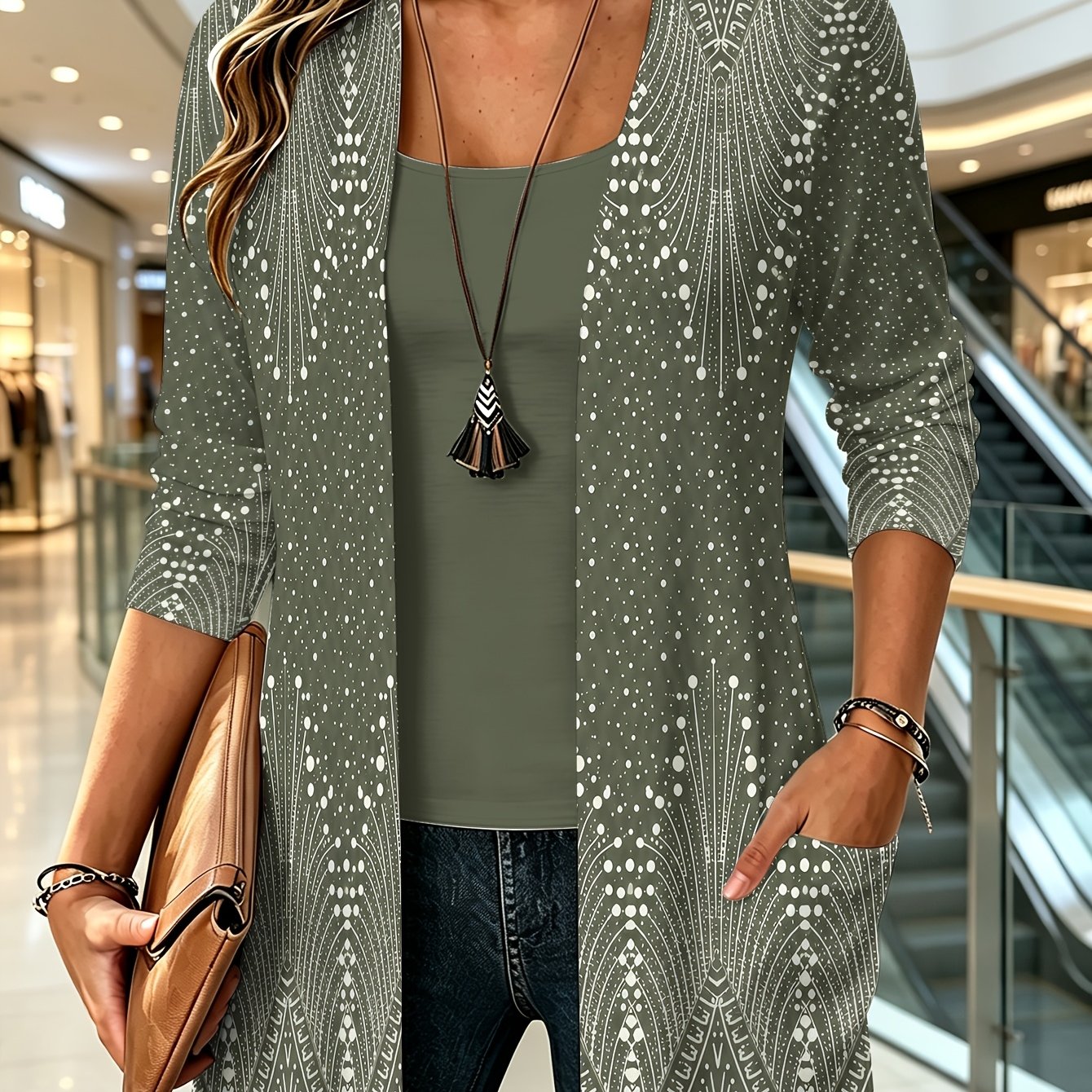 TEMU Plus Size - Printed Design Not Textured Dot Floral Pattern Bohemian Style Women's Casual Top Set 2 Printed Jacket With Solid Color Camisole