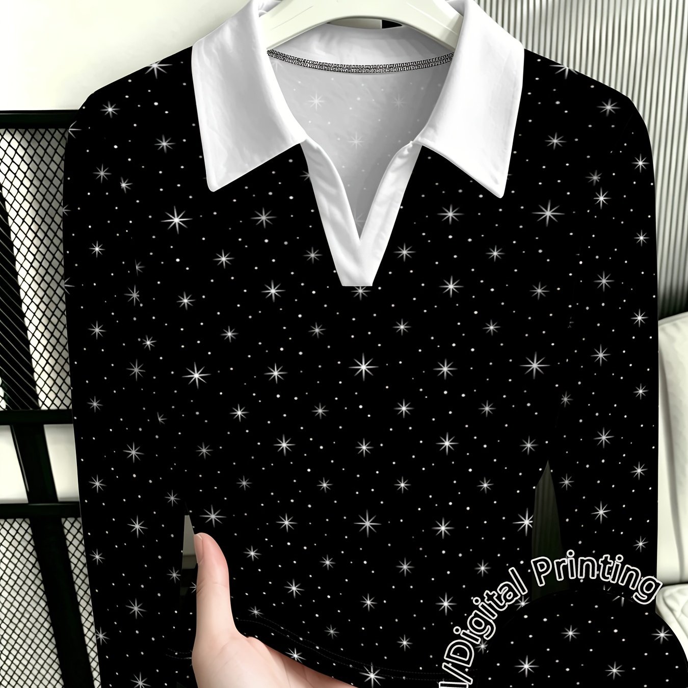 TEMU Plus Size, Women's Black Shirt With Print, /autumn Slim Fit V-neck Base Layer Top
