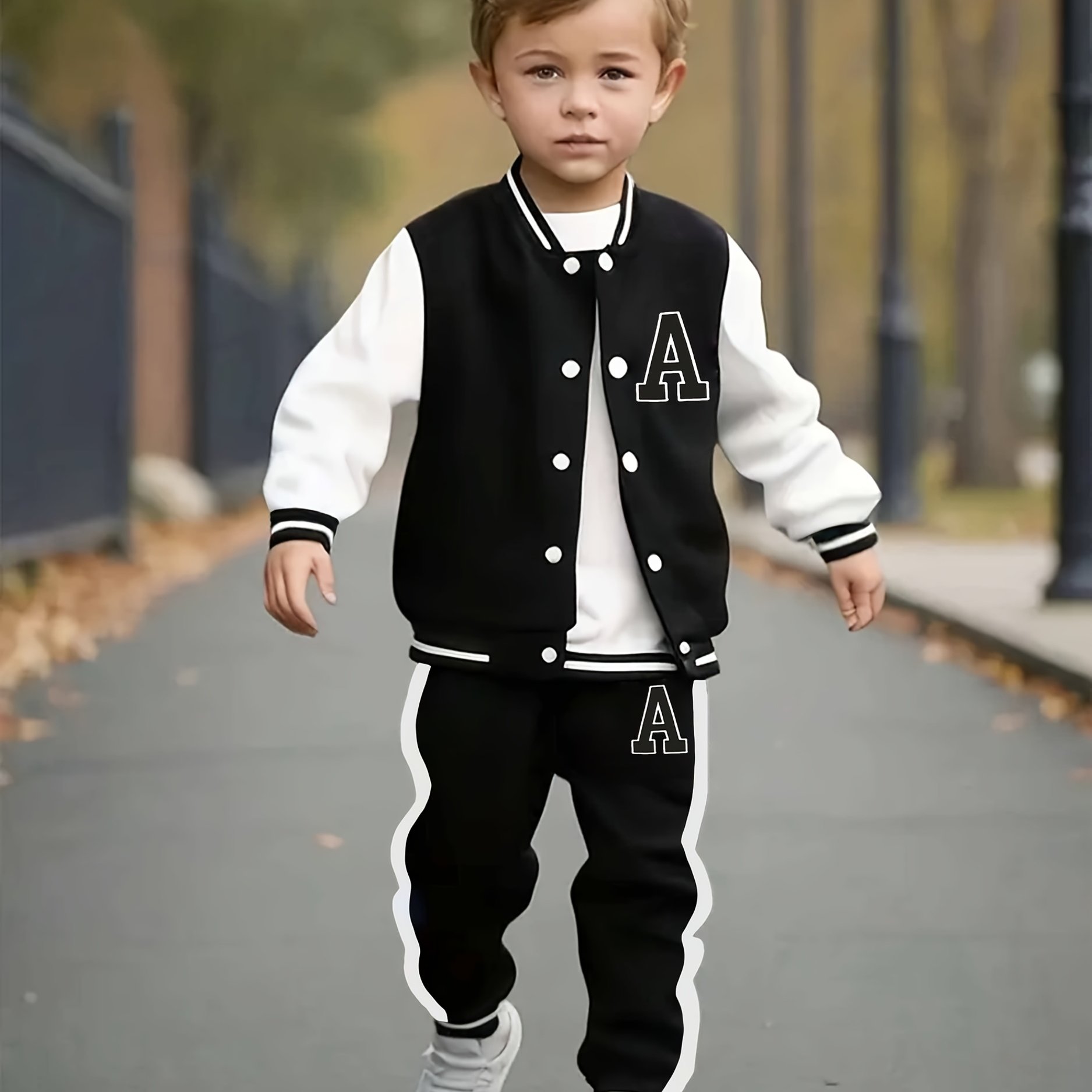2pcs Boys' Autumn And Winter Baseball Set Featuring A Jacket With Letter A Print And Pants With Letter A Print, A Thickened Fashionable Baseball Set For Autumn And Winter, Perfect For Outdoor