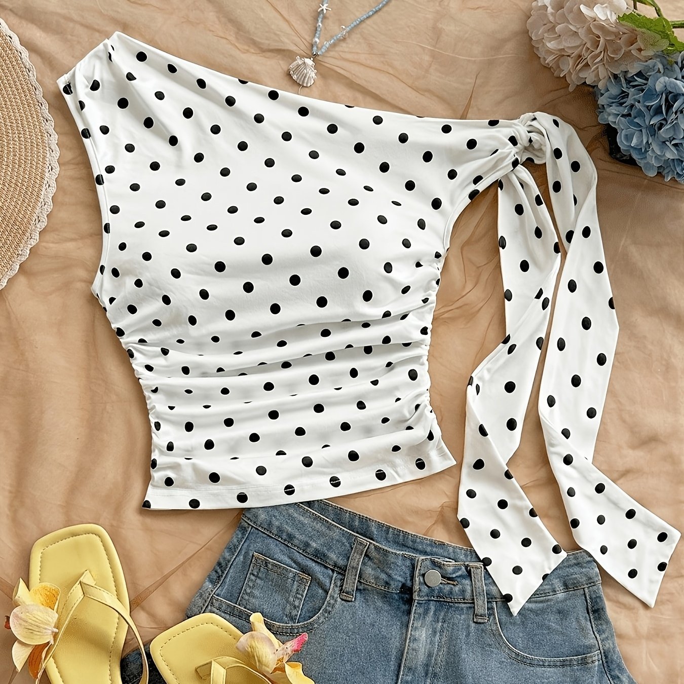 TEMU Women's Y2k Polka Dot Blouse Top With Asymmetrical Lace Shoulder - Non- Round Dot Shirt, Machine Washable Suitable For Daily Commuting, Office &