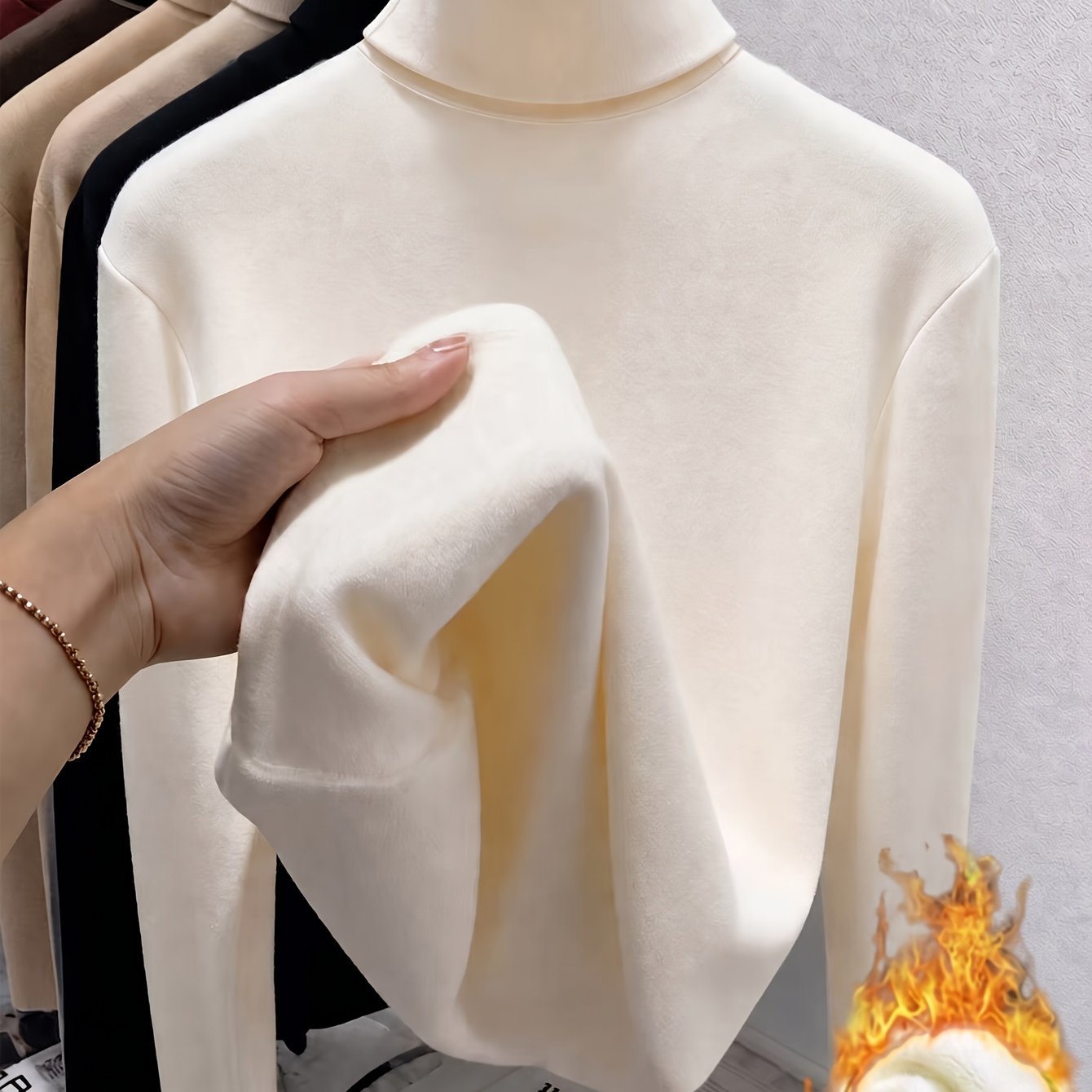 TEMU Haut à col montant à manches longues en polaire double face pour femmes, T-shirt chaud et confortable à couches, Vêtement d'intérieur de couleur