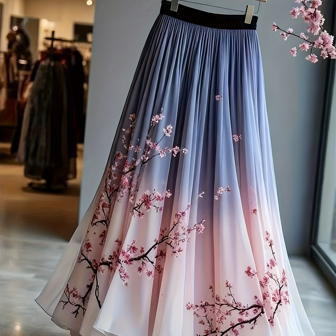 E-shop Kleid im französischen Stil mit Premium-Farbverlauf-Druck, fließender eleganter langer A-Linien-Rock mit mehrlagigem Chiffon-Saum, geeignet für