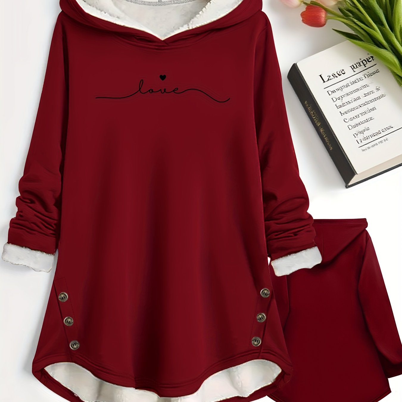 TEMU This Women's Autumn And Winter Warm Hooded Coat Features A Button Design, A Lined Hood, Printed Patterns On The Hoodie, And A . Washable,