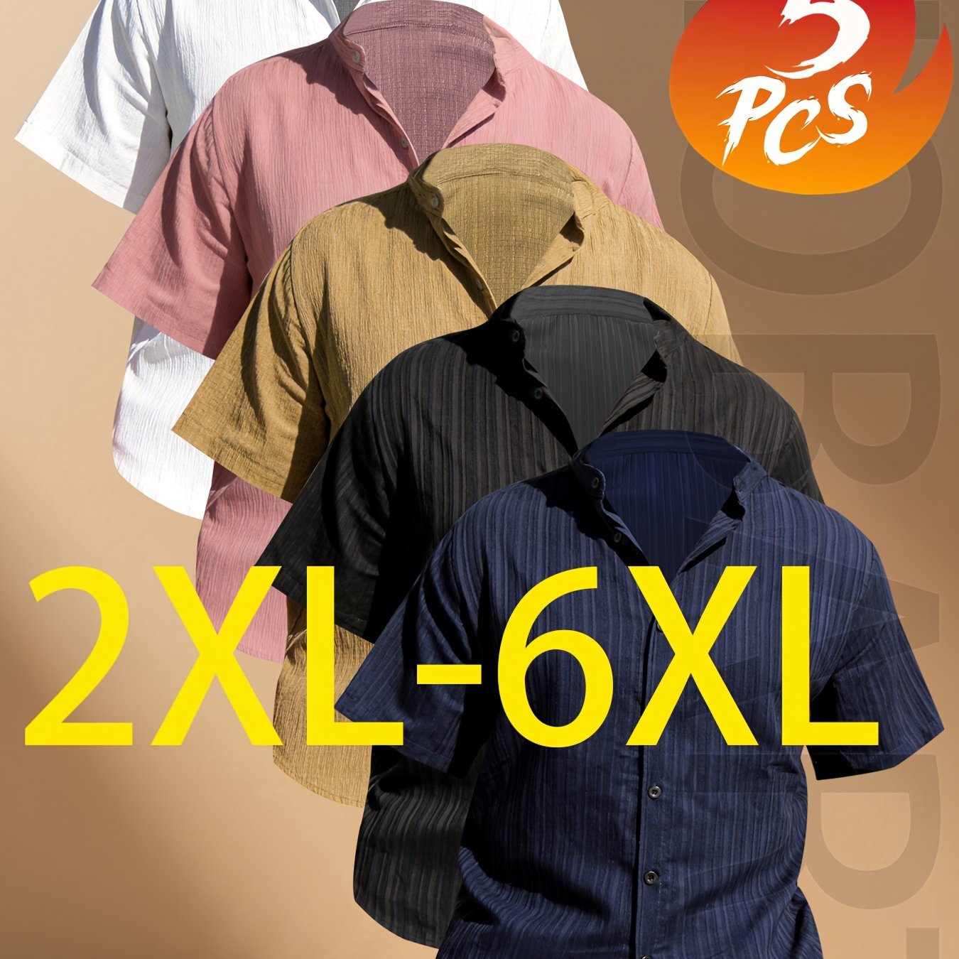 TEMU Darwin Obm 5pcs Men's Plus Size Summer Short Sleeve Shirt - Lightweight Breathable Solid Color Button-up Casual Shirt With Stand Collar, Machine