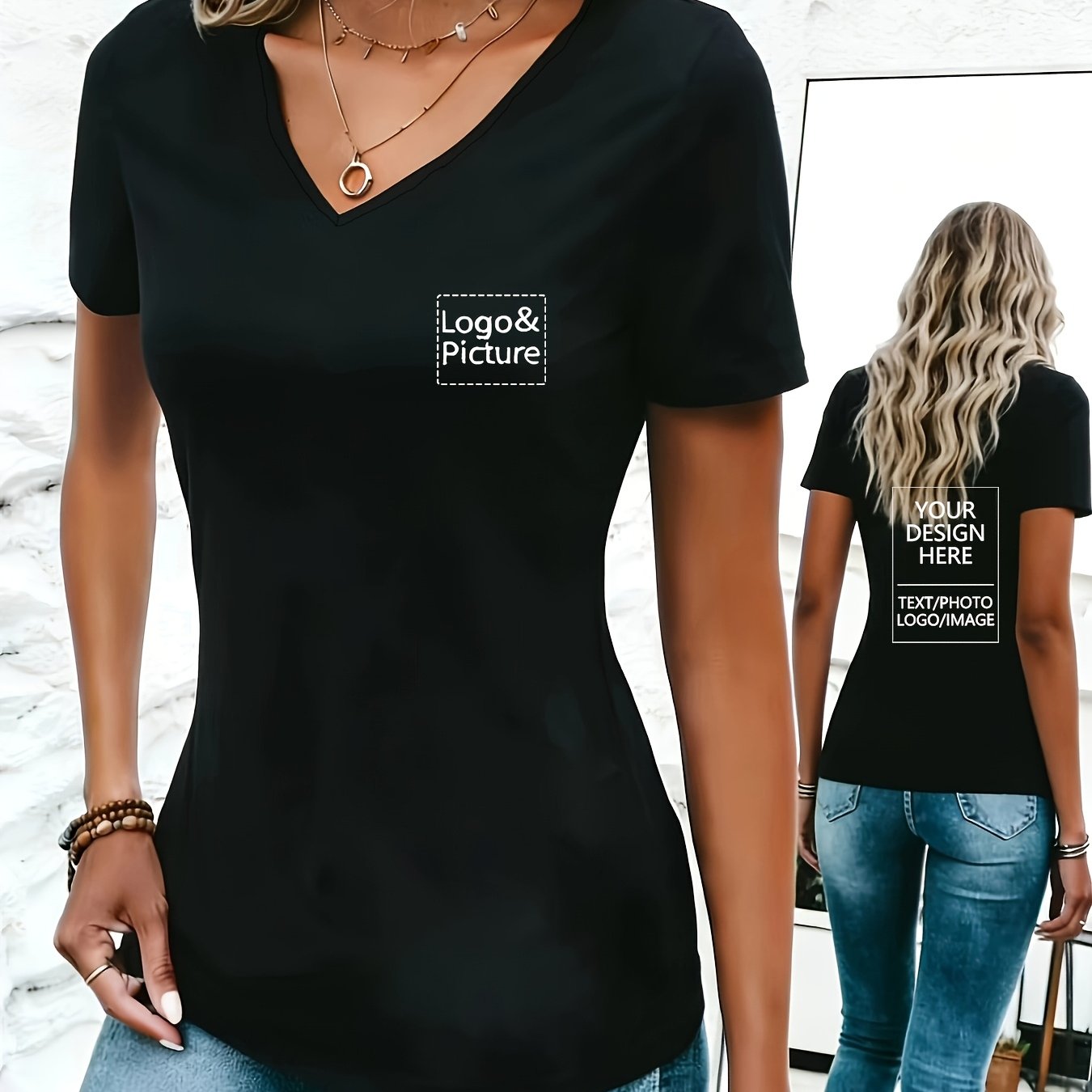 E-shop Damen Freizeit Sportliches V-Ausschnitt T-Shirt | Individuell bedrucktes T-Shirt | Modisches körperbetontes T-Shirt | Damen T-Shirt mit normaler