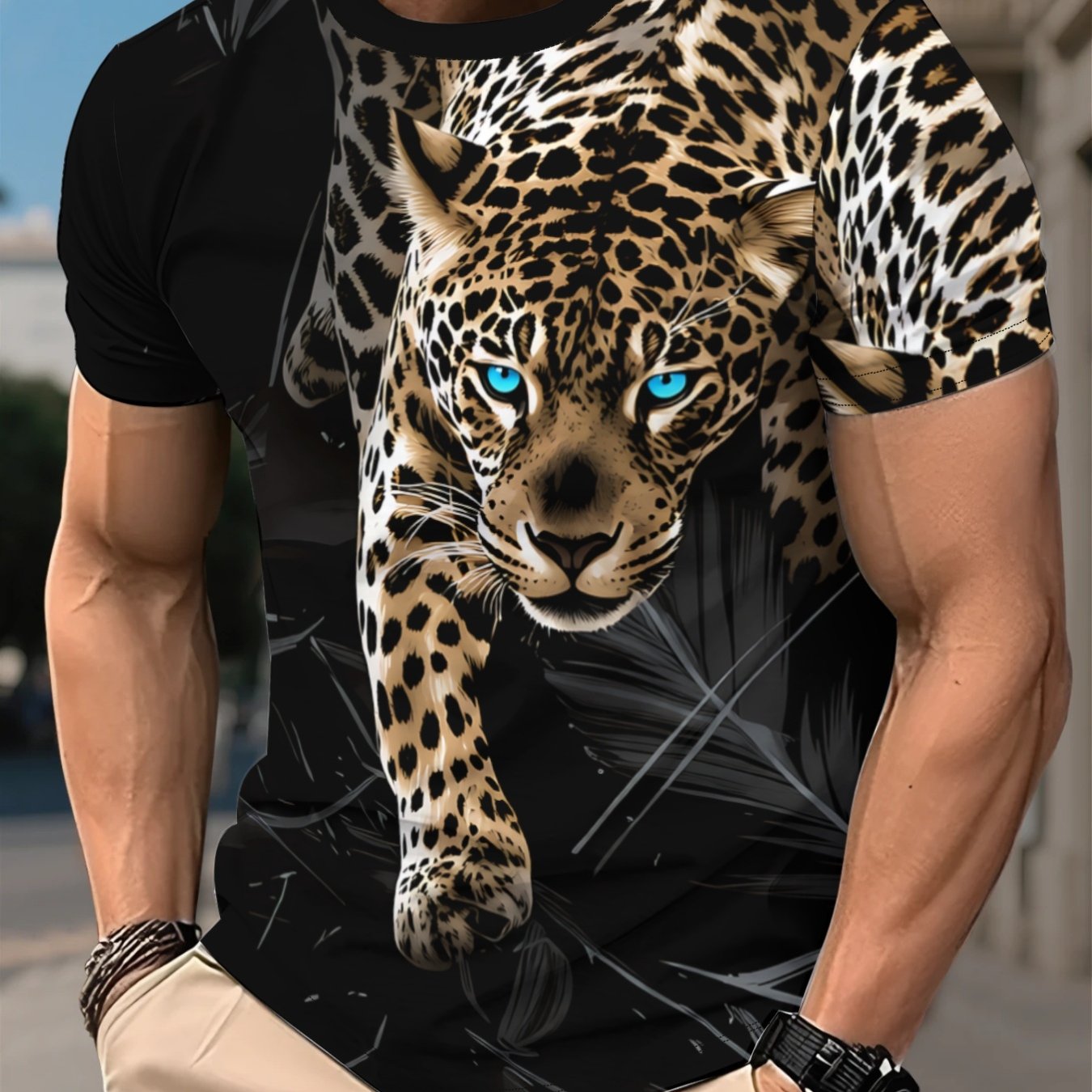 TEMU Men's Digital Printing T-shirt, Fashionable Sports Style, Leopard Pattern, Summer Streetwear Casual Breathable Fabric