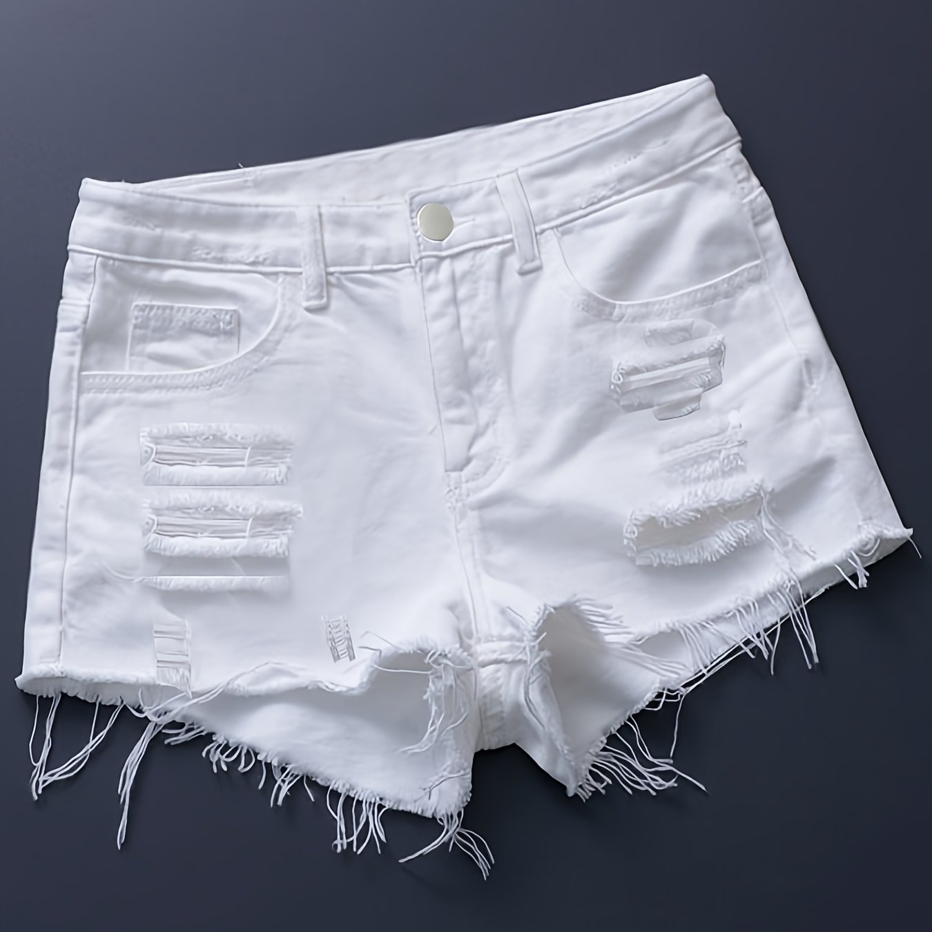 Image of Women's Elegant High-waist Denim Bermuda Shorts, Stretchy Slim Fit, Women' White Distressed Denim Shorts