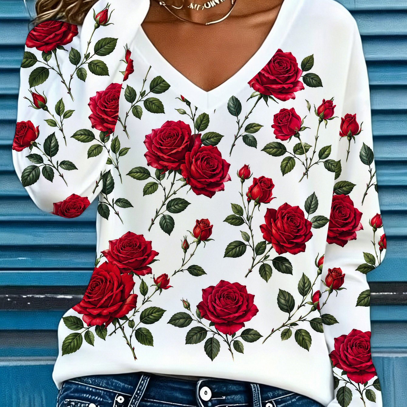 TEMU Red Roses Floral Pattern Women's Printed Long Sleeve V-neck T-shirt Shopping Dating Party Casual Wear