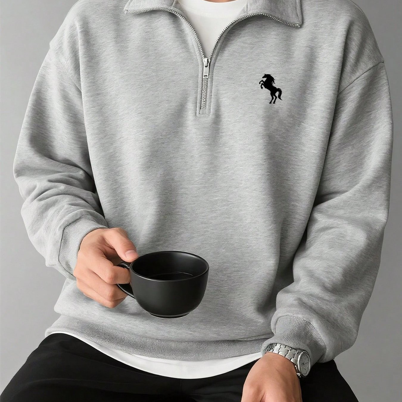 TEMU Horse Fashion Print Design Men's Half-zip Sweatshirt, Street Fashion Collar Sweatshirt, Casual Long-sleeve Collar Sweatshirt