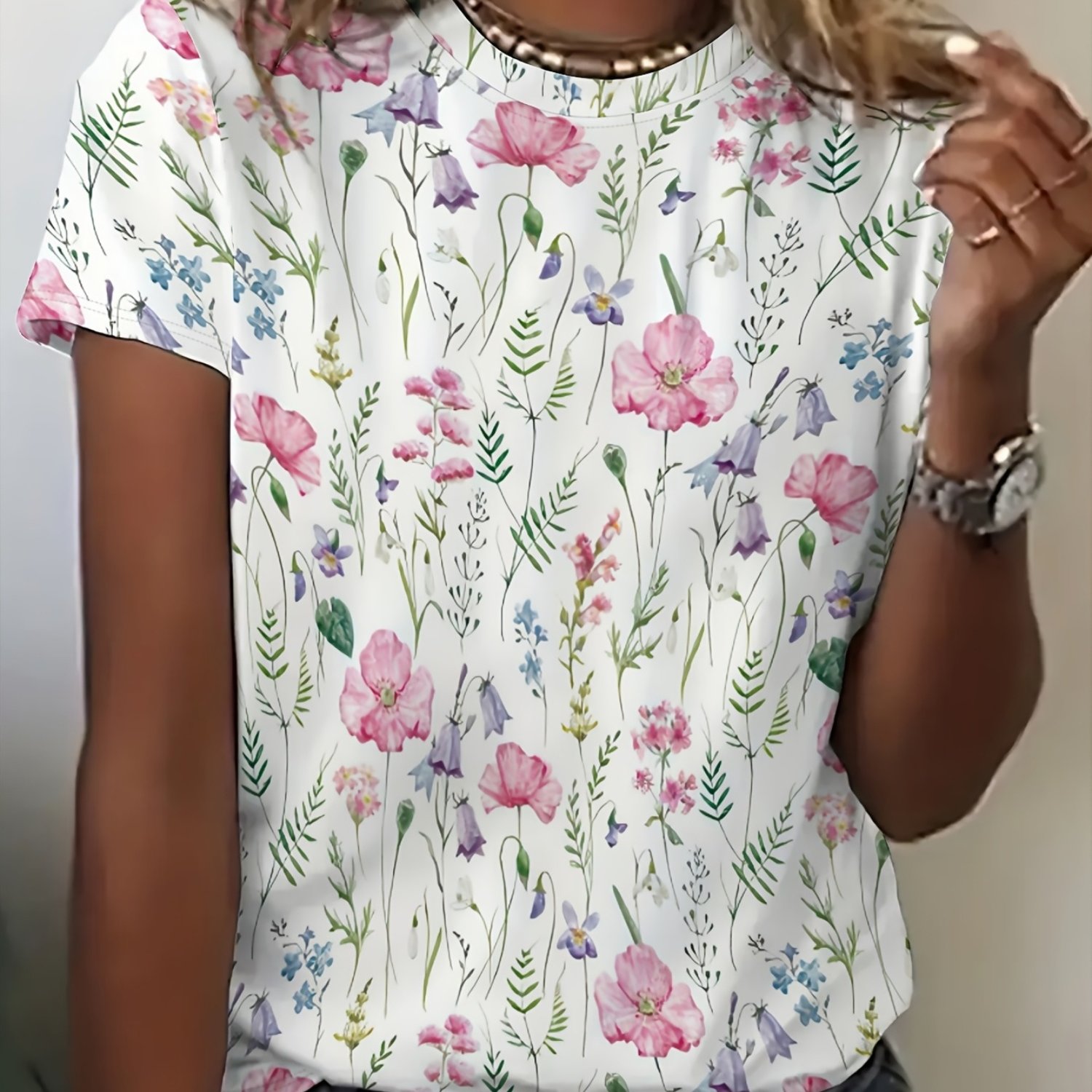 TEMU Print Graphic Print T-shirt, Short Sleeve Crew Neck Casual Top For Summer And Spring, Women's Clothing