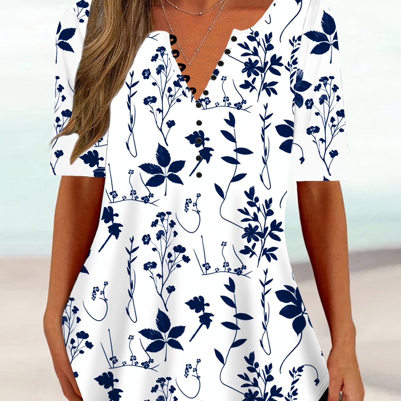E-shop Plus Size, Beliebte : Plus-Size Pflanzenprint V-Ausschnitt Kurzarmtop, Lockerer Schnitt für einen Look, Casual Modische Damen Plus-Size Kleidung