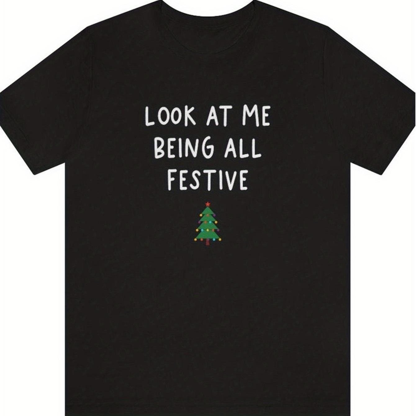 TEMU Men's Fun Christmas T-shirt With A " Celebrating" Design, Featuring A Tree Print, Casual Crew Neck, Festive Party Attire, Suitable For Men , And