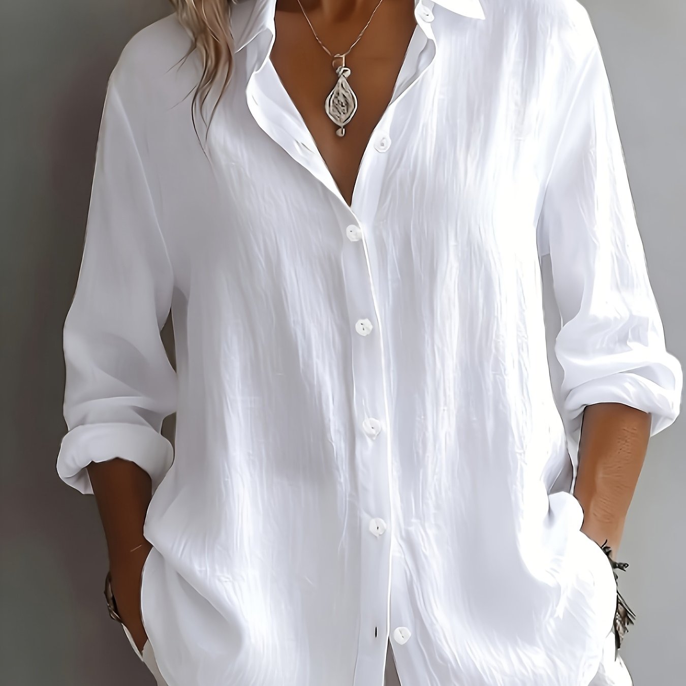 E-shop Elegantes Damen-Hemd mit Reverskragen, locker geschnittenes Langarm-Top mit einreihiger Knopfleiste, schmeichelnder, atmungsaktiver