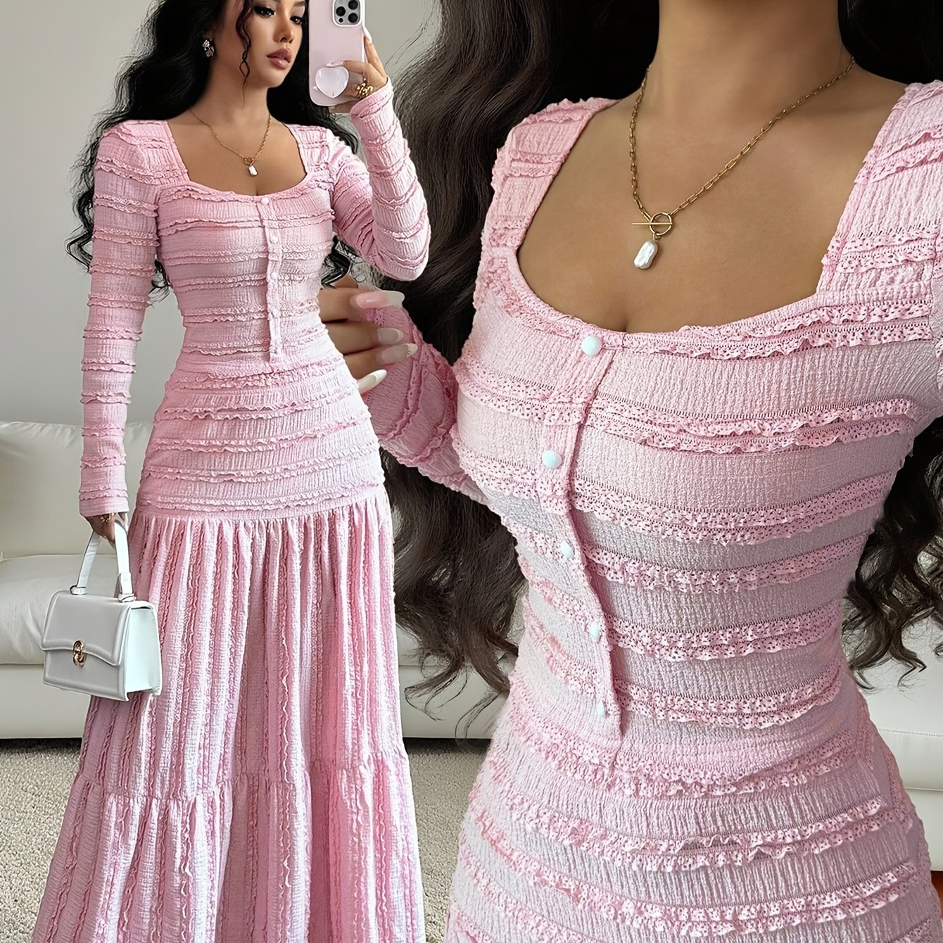 E-shop Damen Rosa Strukturstoff Elegantes Urlaubs-Style Langarm Rundhals Button-Up Top mit Patchwork Design Schlagrock Zwei-teiliges Set, Damen Herbst