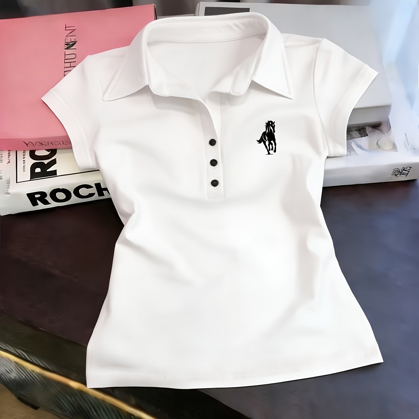 TEMU 8318 - /summer Casual Collared Shirt, " Horse Silhouette" Chest Print, Slim-fit Flattering Shirt, Versatile Short-sleeve Collar T-shirt Top,