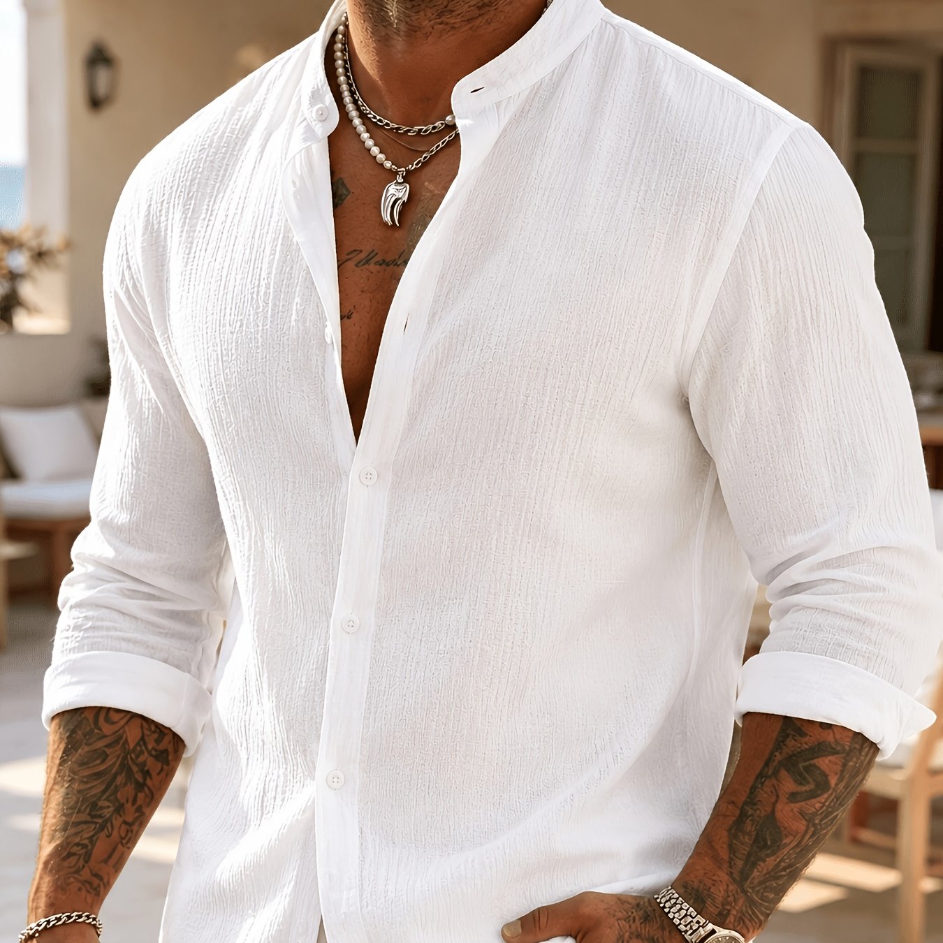 TEMU [ OBM] Chemise Décontractée Confortable à Manches Longues pour Homme - Tenue de Fête, Légère et Respirante, Col Montant Boutonnée, Polyvalente