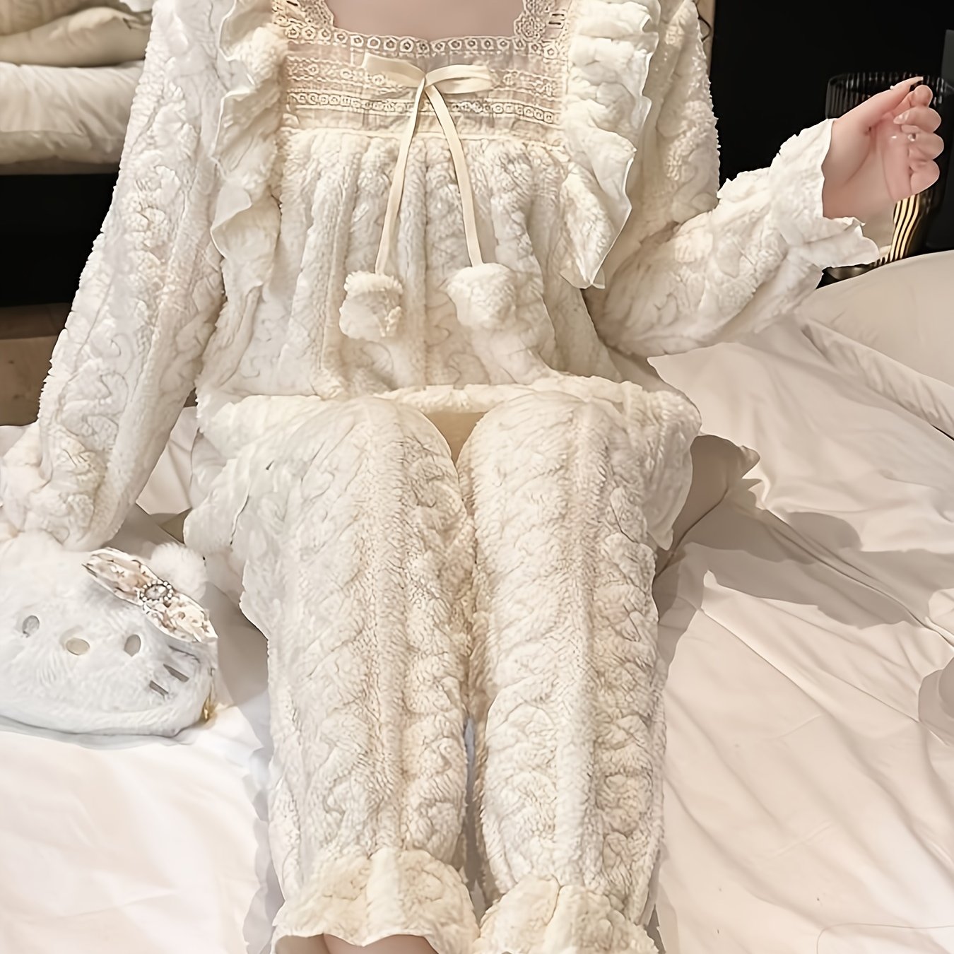 TEMU New Winter Flannel Wheat Ear Stripe Pajamas For Women, Thickened Style Cute Loungewear Set
