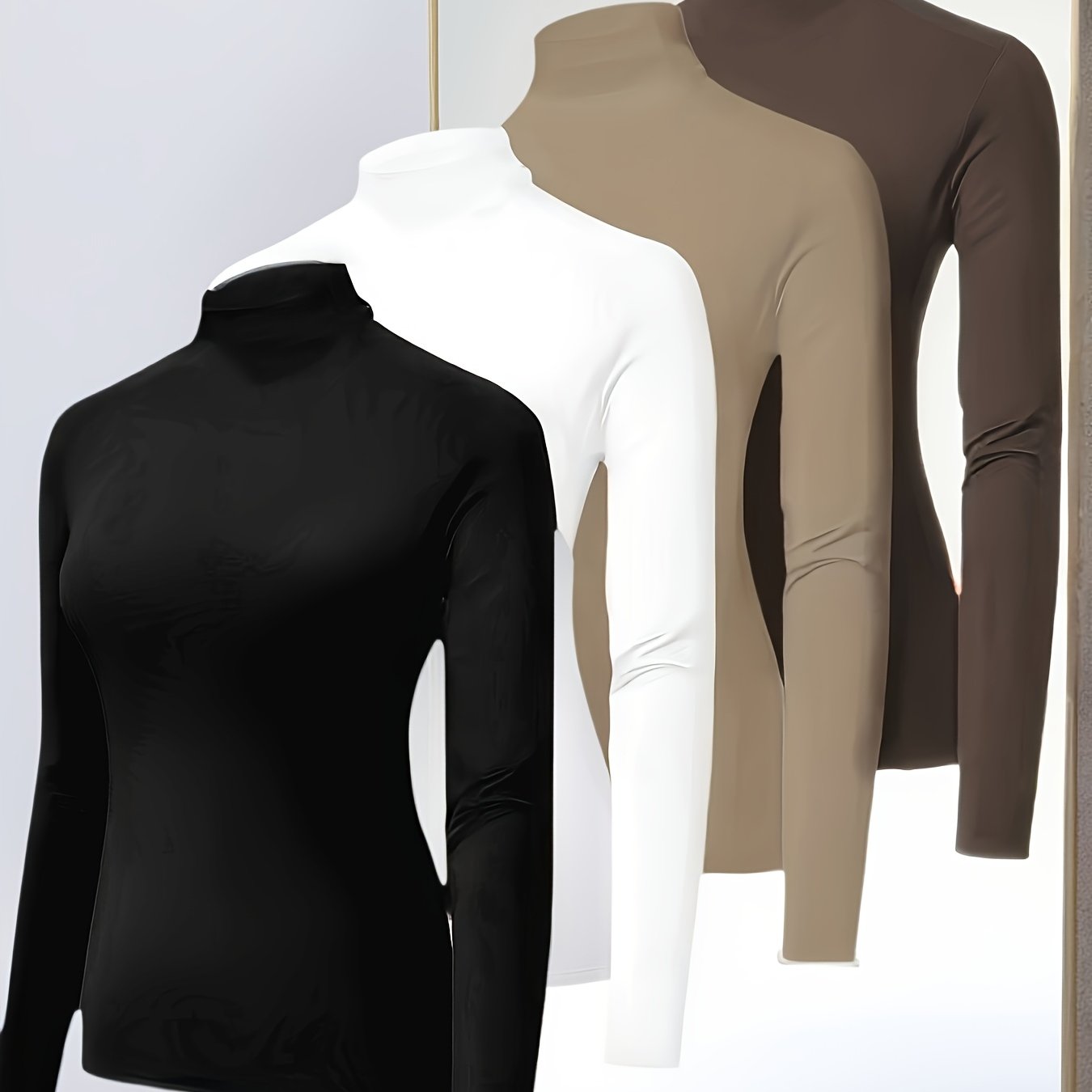 TEMU 4pcs Women's T-shirts, Base Layer Tight-fitting Stylish Versatile Slim-fit Half-high Neck Base Layer Top, , Women's Clothing, Suitable For