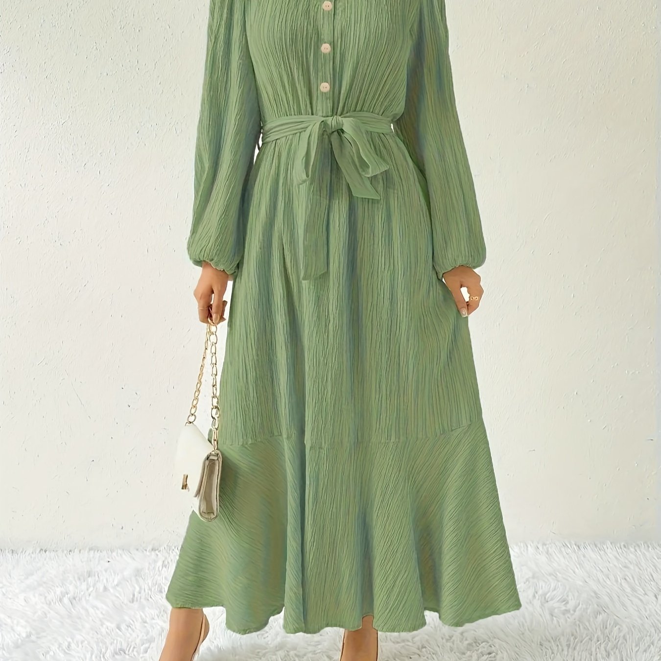 Image of Elegant Women's Lantern Sleeve Dress With Stand Collar - Fabric, Machine Washable, Solid Color, Ruffle Hem, Button Detail - Spring/summer/fall