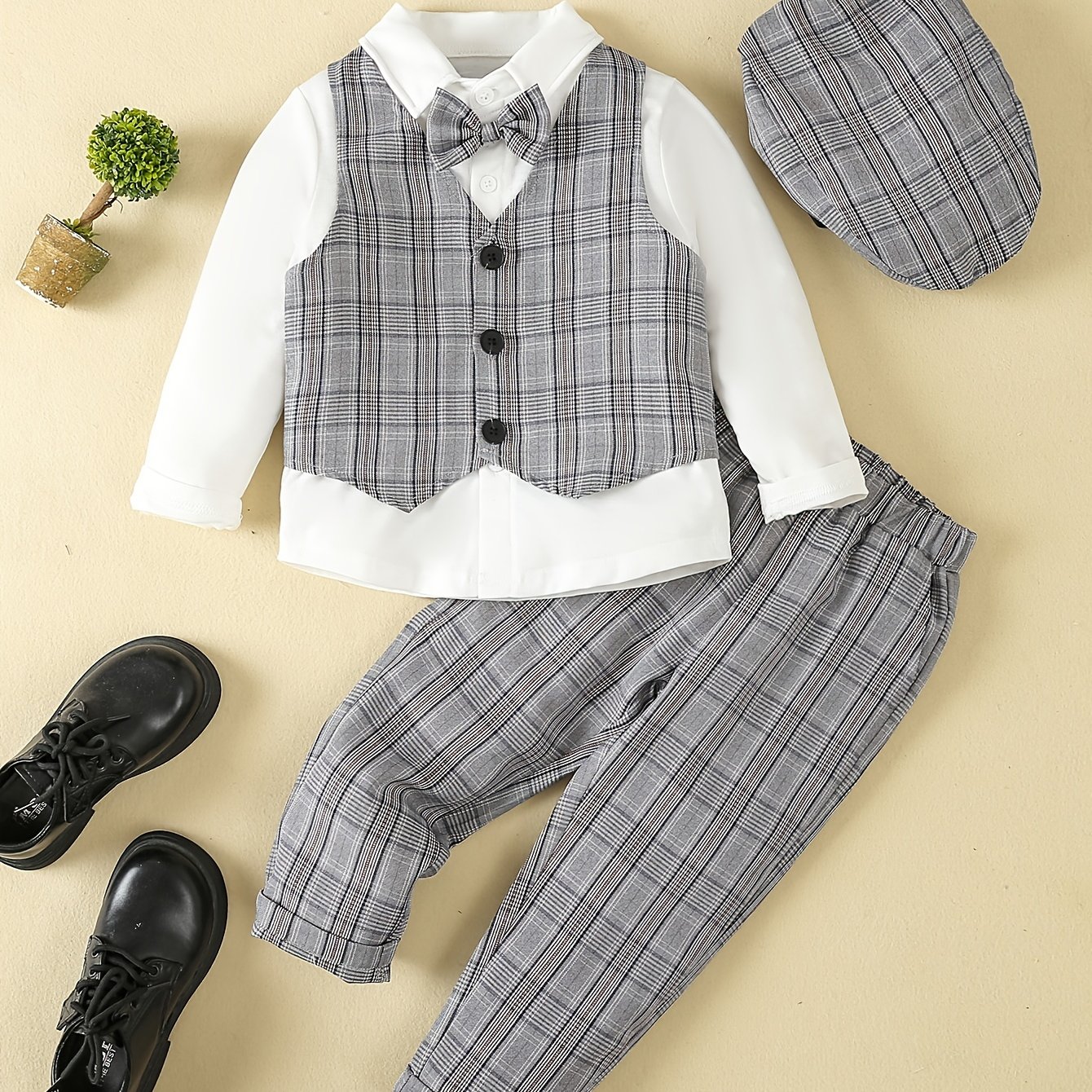 Boys' 4pcs Set: Shirt + Vest + Pants + Hat