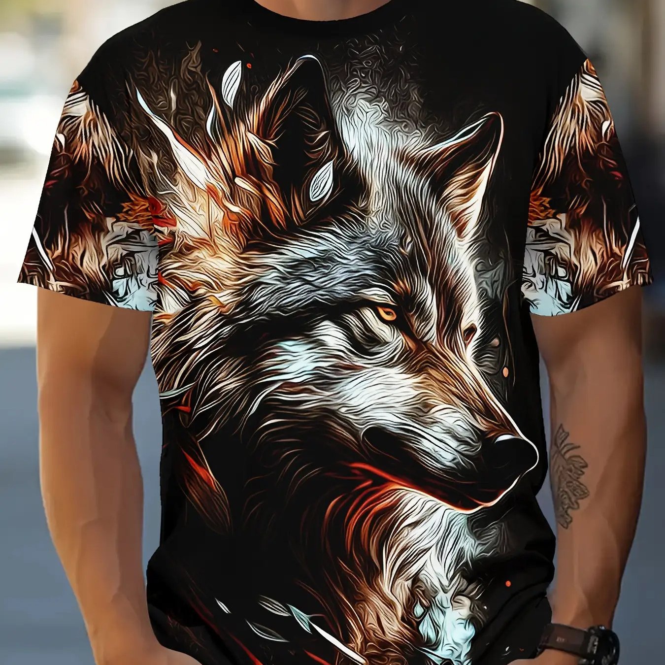TEMU Fashionable Men's Short-sleeve T-shirt With A 3d Print Hidden Wolf Design, Suitable For Casual Sports And Streetwear, Machine Washable