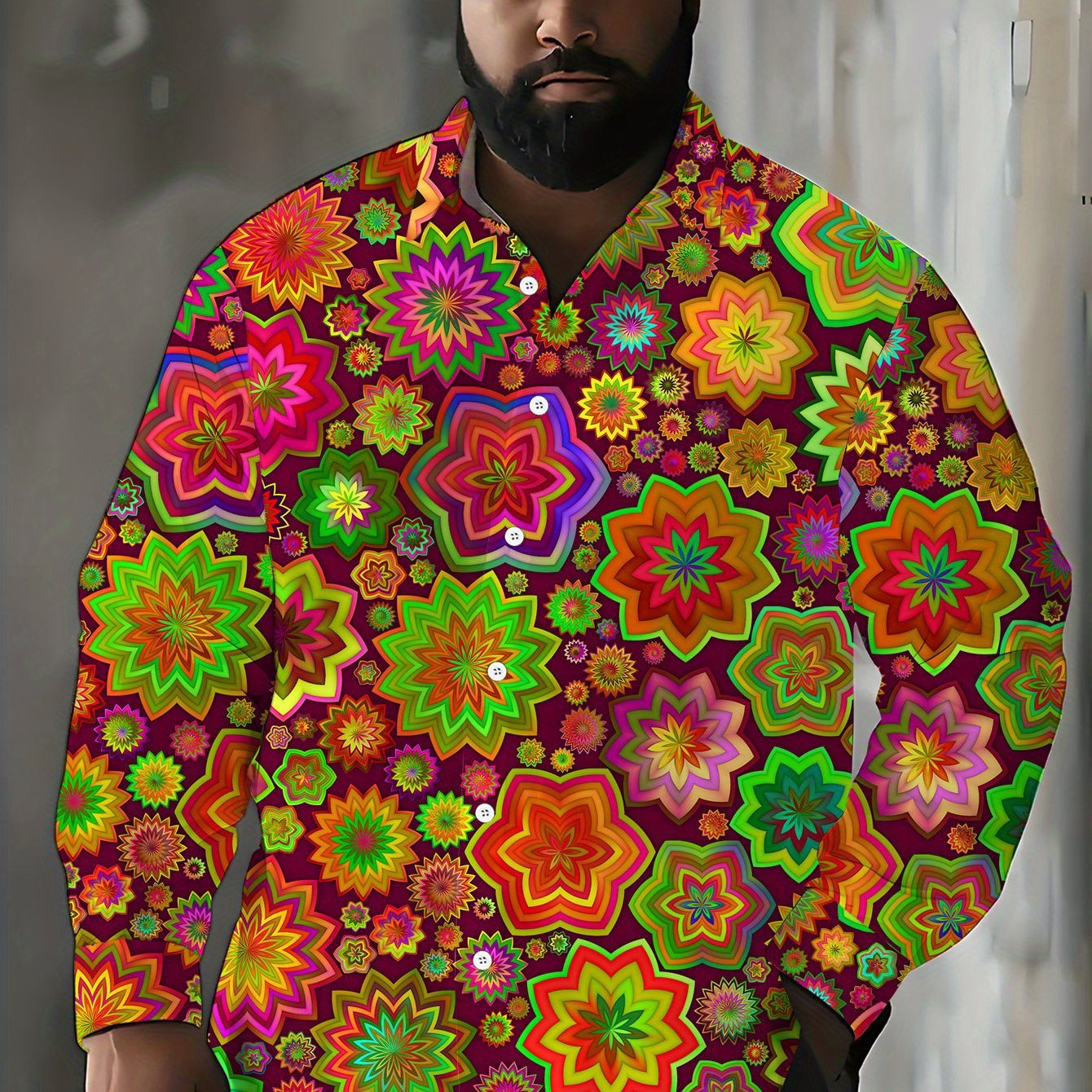 TEMU Men's Casual Shirt, Plus Size Long Sleeve Shirt With , Colorful Floral Pattern Background, Stylish And Elegant, Men's / / Apparel / Clothing /