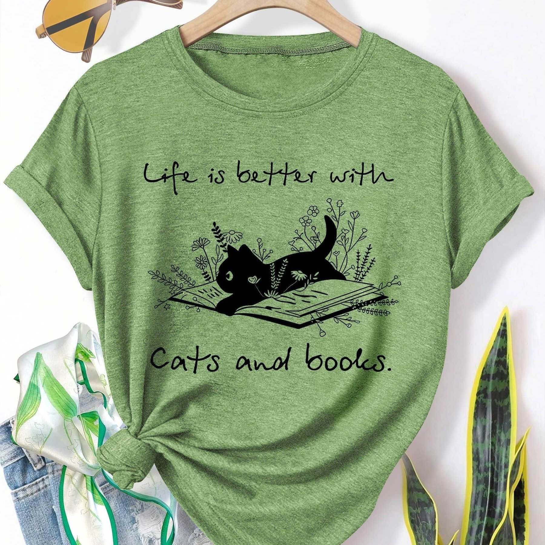 TEMU Women's Vintage Cat Lover T-shirt - Soft Crew Neck Tee With & Books Graphic, Turquoise Shirt For Everyday Casual Bookish Outfits, Sizes S-xxl