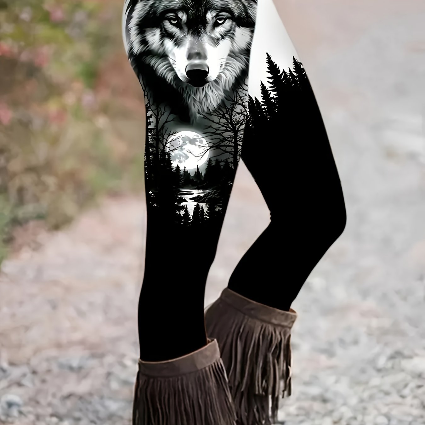 TEMU Women's Leggings Forest Wolf Black And Casual Pants Base Layer Pants Plush Feel Stretchy Fabric Suitable For Women's Clothing