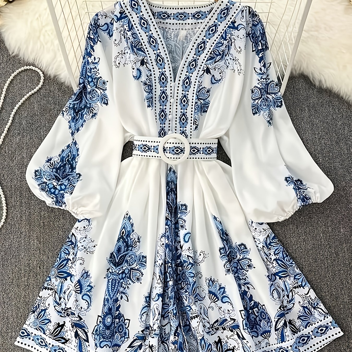 TEMU Women's Vintage -inspired Floral Print A-line Dress With Lantern Sleeves & Adjustable Waist Tie - V-neck Long Sleeve Loose Fit Maxi Dress For