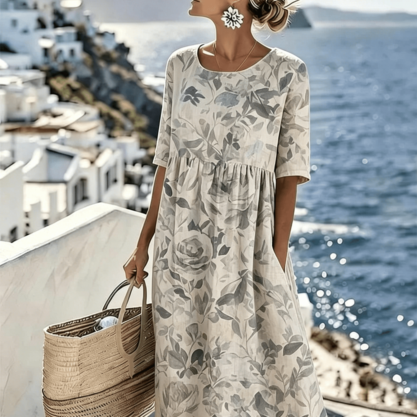 Image of Women's Summer New Half-sleeve Dress, Grey Botanical Print, Round Neck Waist A-line Skirt, Loose Casual Vacation Long Dress