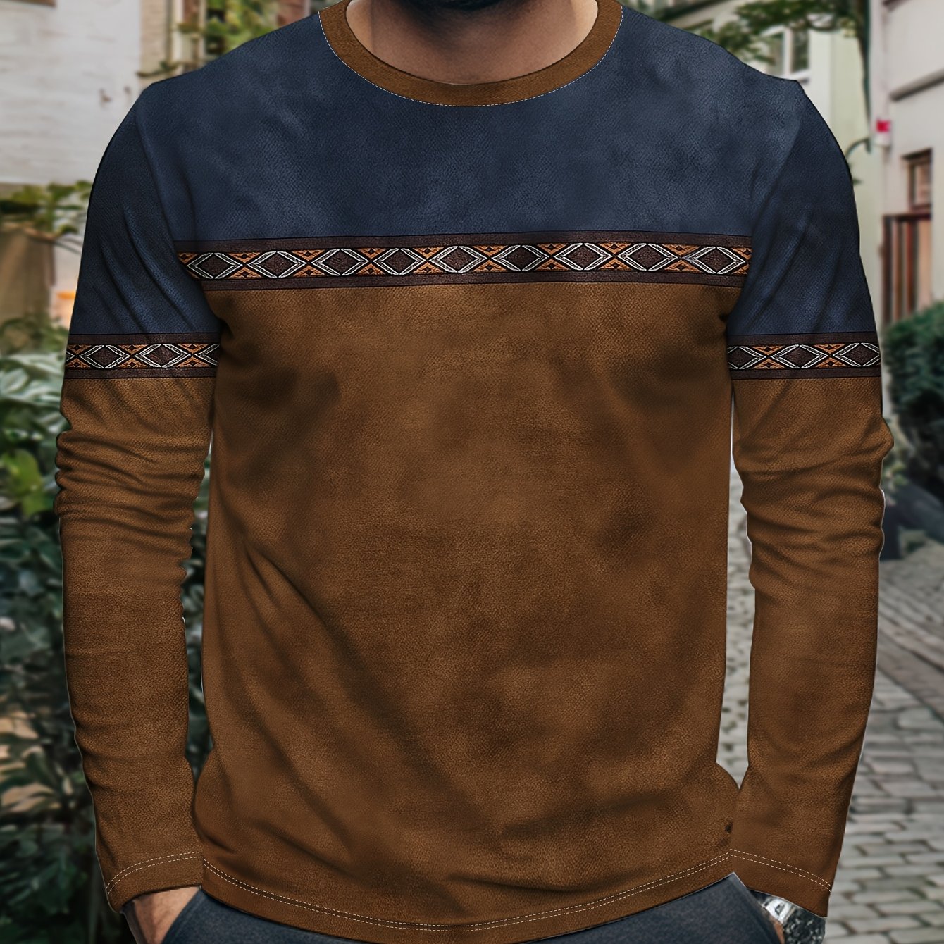 TEMU Men's Long-sleeve Crew Neck Sports T-shirt (printed Design - Not Textured), Navy Blue With Brown Geometric Ethnic Print. Suitable For Friend