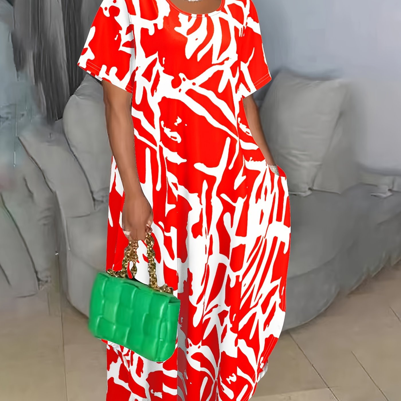 Image of Plus Size - Plus Size - Plus Size Women's Clothing, Western Print Round Neck Short Sleeve Loose ' Long Dress Women's Dress