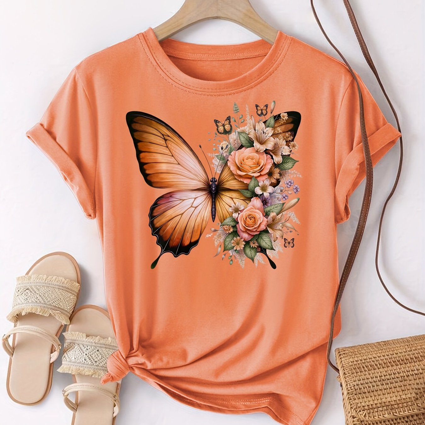 TEMU Women's Casual Short Sleeve T-shirt - Vibrant Orange & Floral Print Blouse-compatible Shirt | Soft Breathable Fabric Suitable For Spring Summer