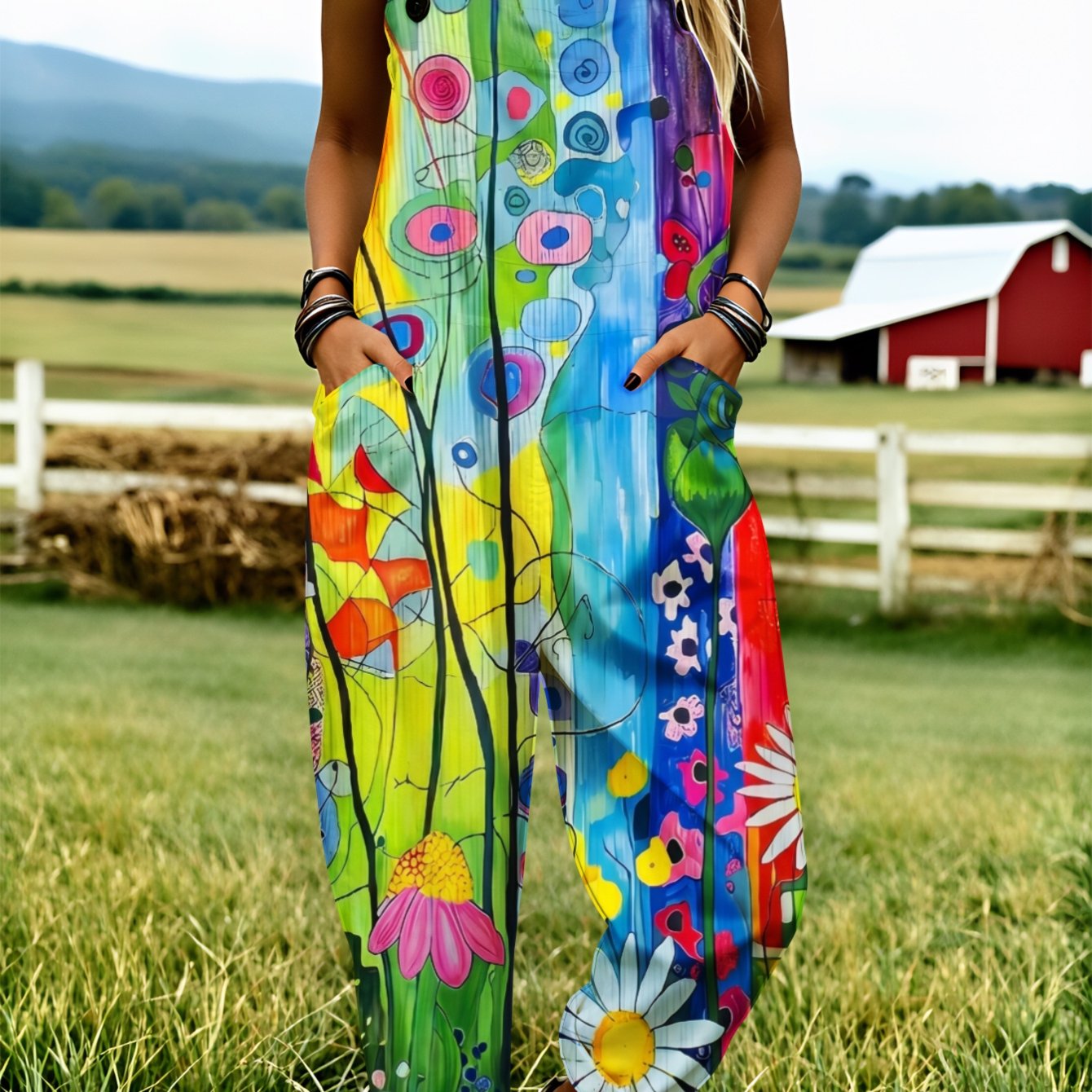 Image of Plus Size Women's Overalls 0xl-5xl Floral Abstract Rainbow Pattern Print Comfortable And Breathable Machine Washable Adjustable Shoulder Straps Clothing Summer Clothing