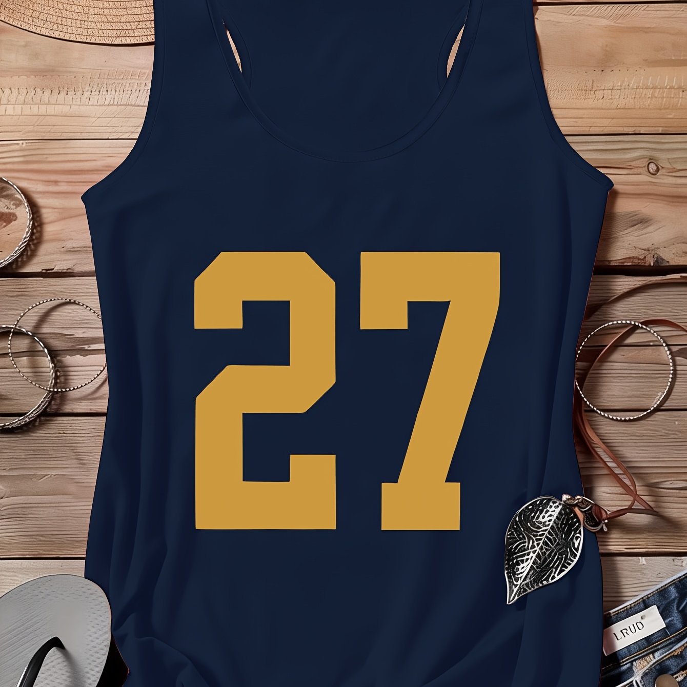 TEMU "27" Arabic & Letter Print Vest - Sleeveless Base Layer Top With Number 27, Round Neck, Medium Stretch Fabric Suitable For Travel,, Streetwear,