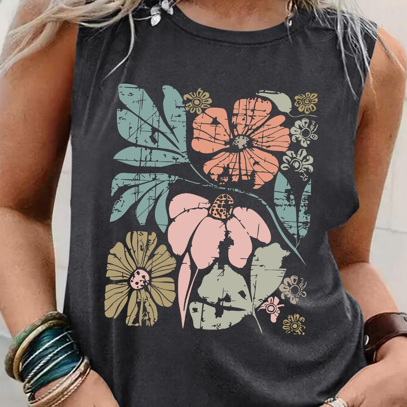 TEMU Women's Sleeveless Floral Tank Top - Casual Crew Neck, Lightweight & Breathable Summer Blouse With Vibrant Pink, Red & Green Leaf Design,