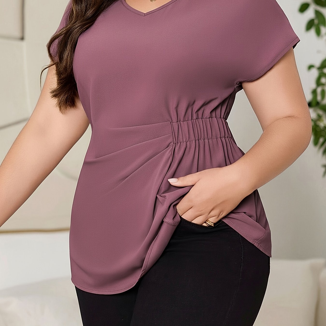 TEMU Plus Size - Plus Size - Summer Plus Size Women's Casual Solid Color Batwing Sleeve Ruched Waist Blouse