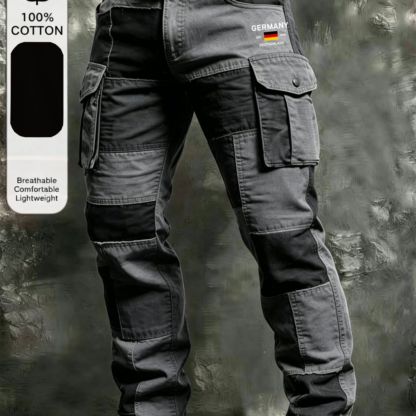 New 100% Cotton Men's Fashion Spring And Autumn Color-block Workwear Long Pants With Multiple Pockets For Casual, Jogging, And Commuting