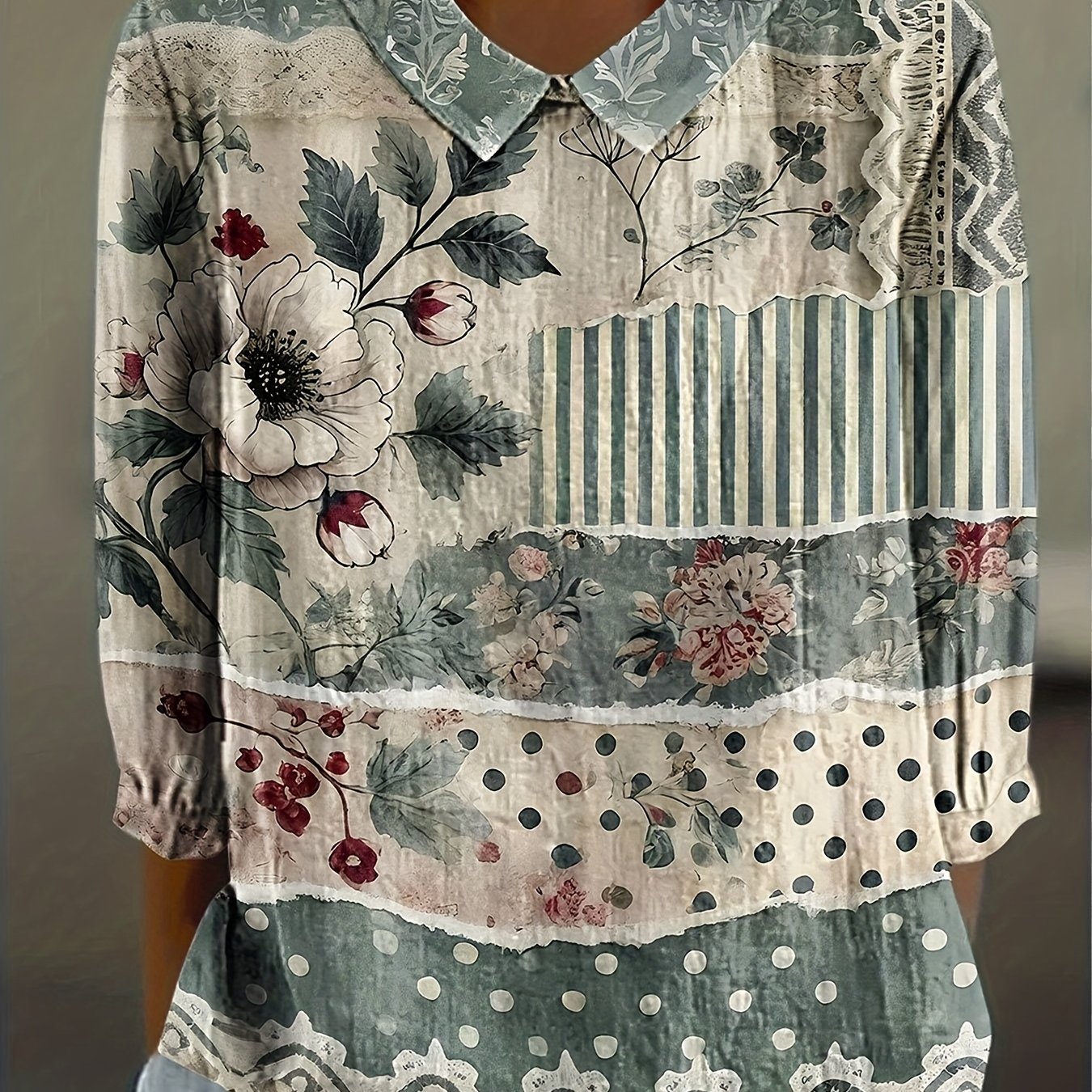 Shimida Women's Retro Floral Shirt, Vacation Daily Lapel Loose Three-quarter Sleeve Top