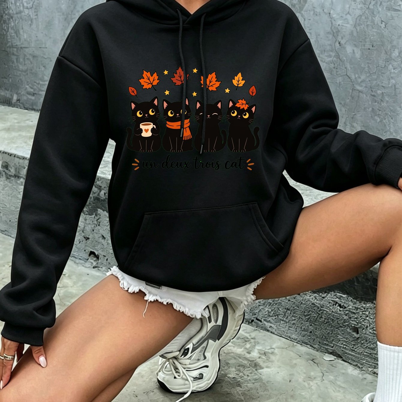 Image of Graphic Hoodie For Women, Local Warehouse, Cute Black Cats Coffee, Grunge Fall Top, Multicolor, Hx2286w