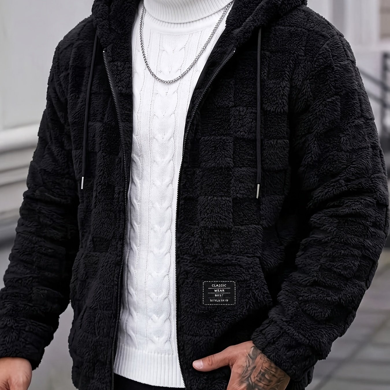TEMU [ Obm] Directional Development Chessboard Fleece Autumn Winter Apparel, Men's Autumn Winter Thick -proof Long Sleeve Hooded Sweatshirt, Suitable