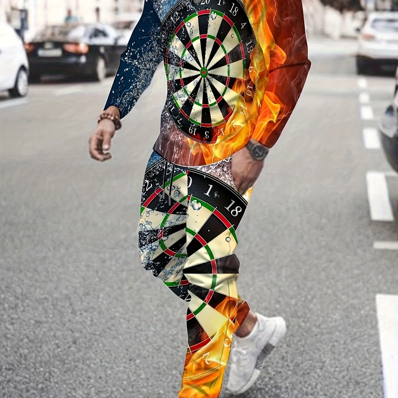 Men's Casual Dartboard Print Long Sleeve T-shirt & Pants Set - Polyester, Round Neck, Spring/fall Fashion