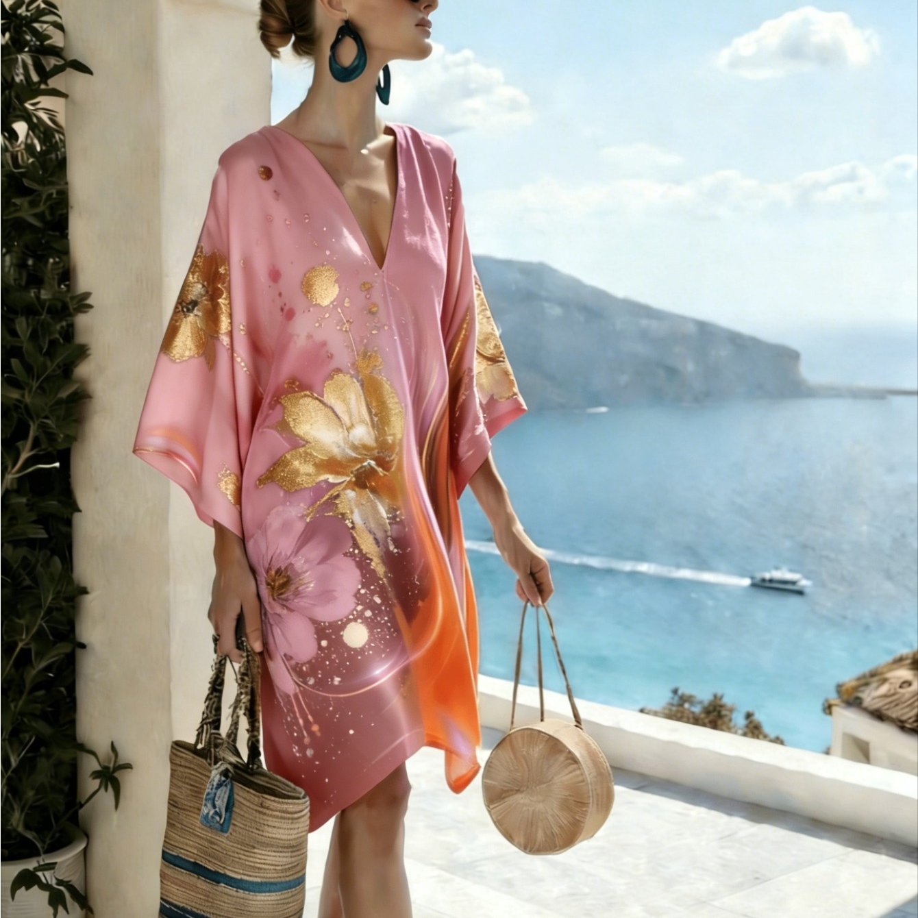 Image of Plus Size, Plus Size Women's Bright Flower Print Beach Kaftan Dress, Light Holiday Blouse, Elegant And Elegant Design