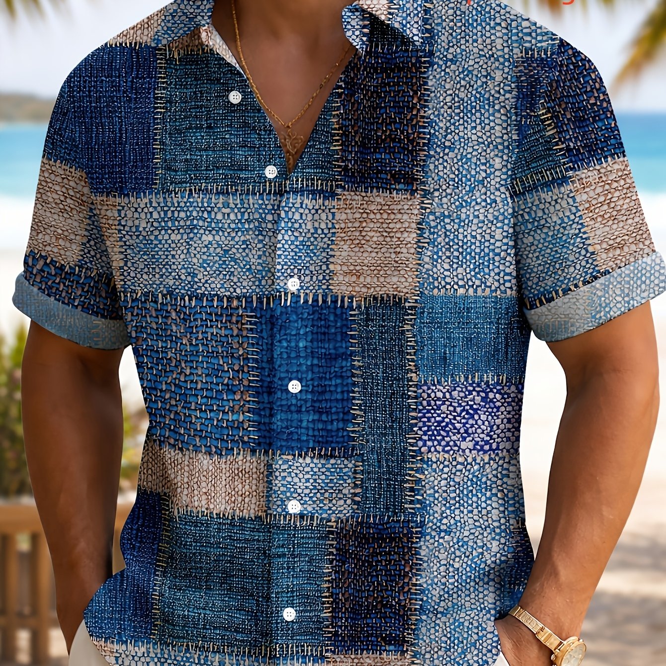 TEMU Haut à carreaux patchwork "Retro " imprimé (design imprimé 2D, non texturé) pour homme, confortable et respirant, idéal pour un look business