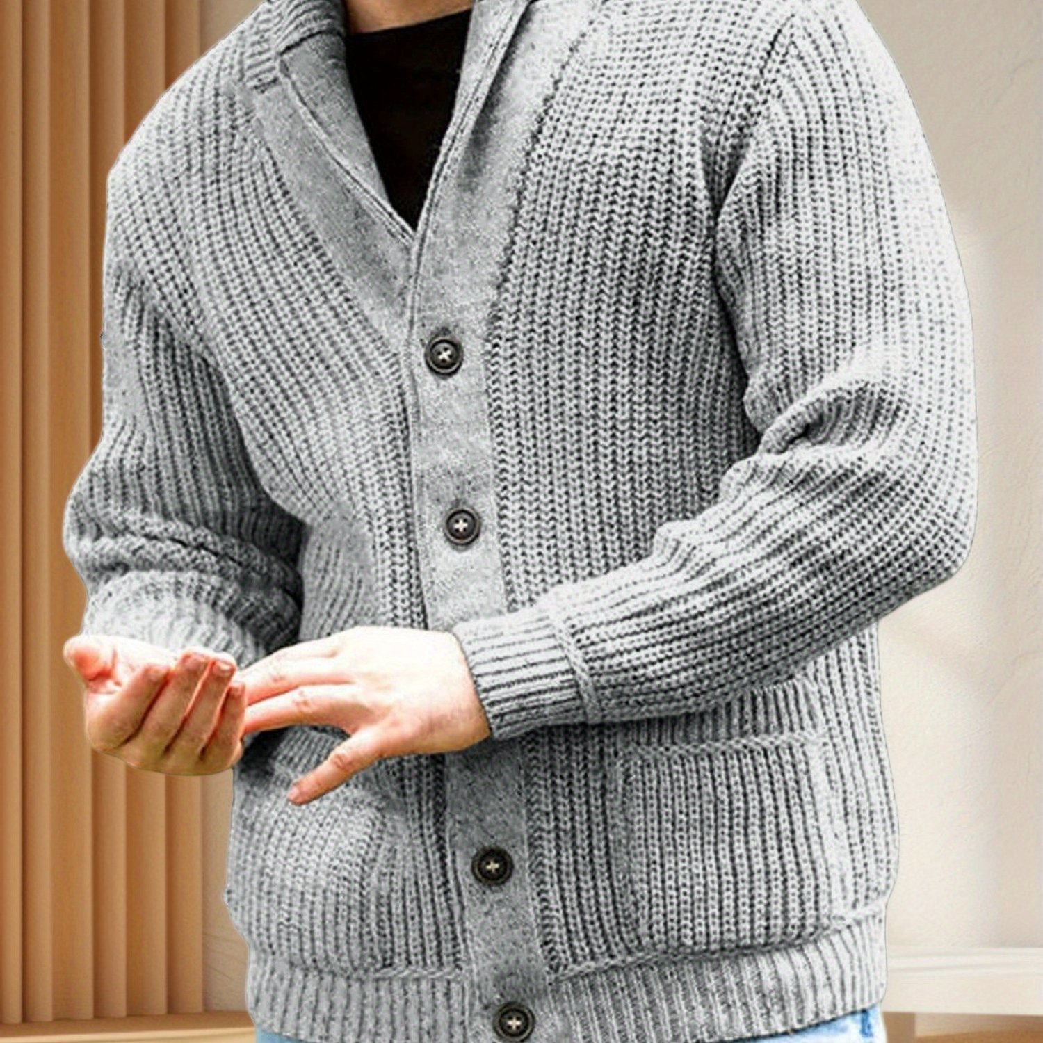 Plus Size Men's Chunky Knit Cardigan Casual Shawl Collar Long Sleeve Button Knitted Jumper Tops, Plus Size